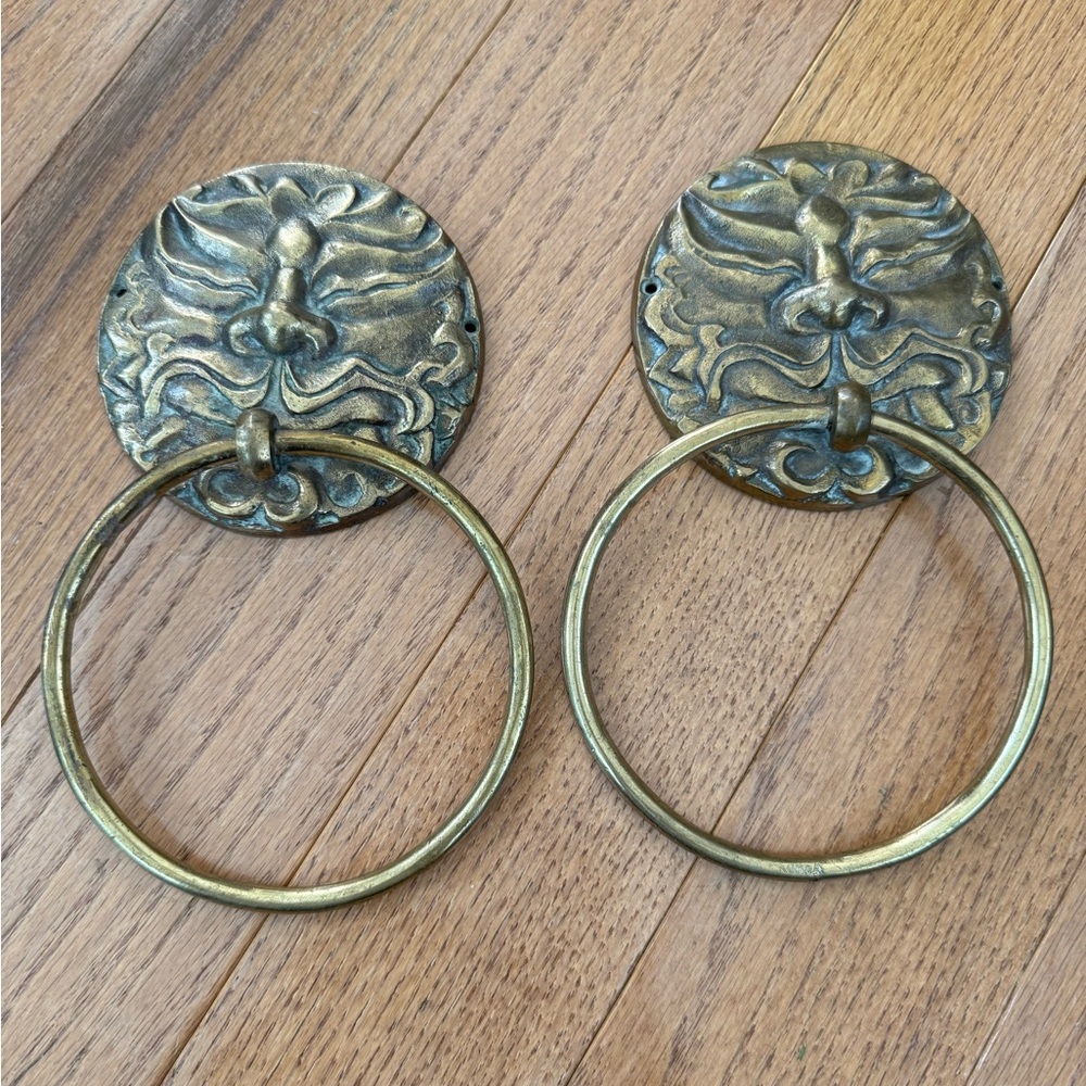 Brass Lions Head Towel Ring Set